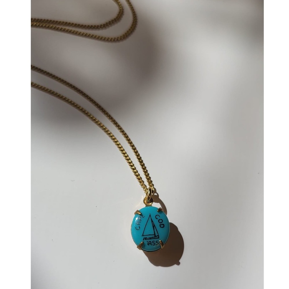 Vintage Gold Tone Necklace Turquoise Pendant Sailboat Cape Cod Charm - Picture 6 of 7